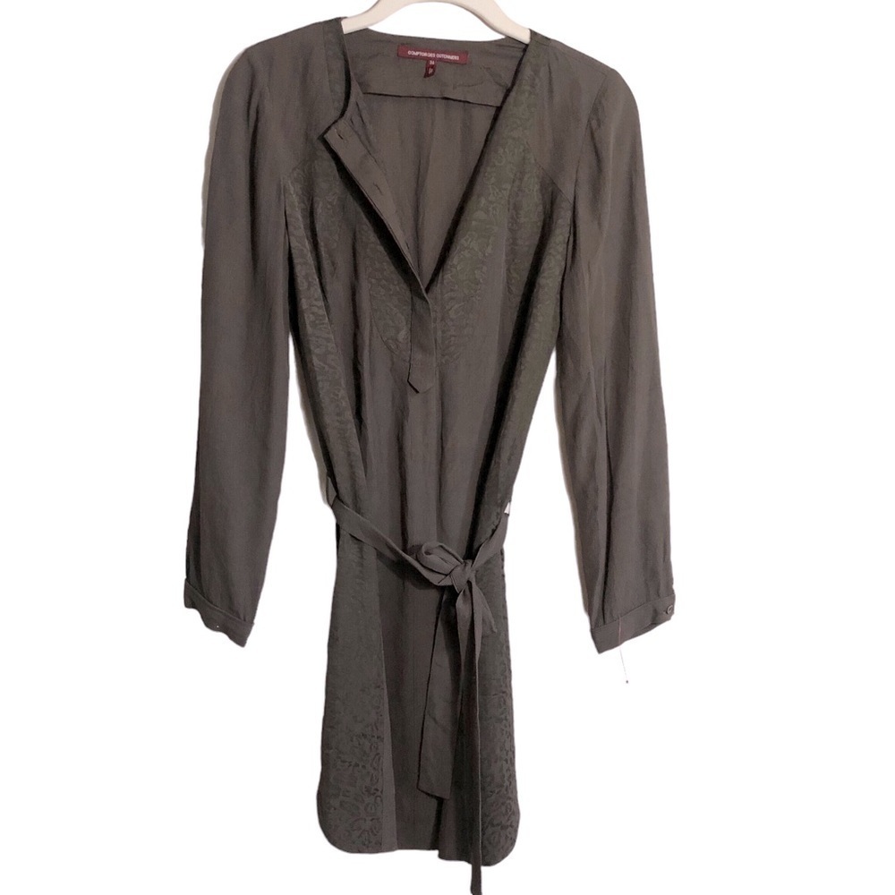 Comptoir Des Cotonniers Long Sleeve Split Neck Tie Belt Olive Green Dress Size 4